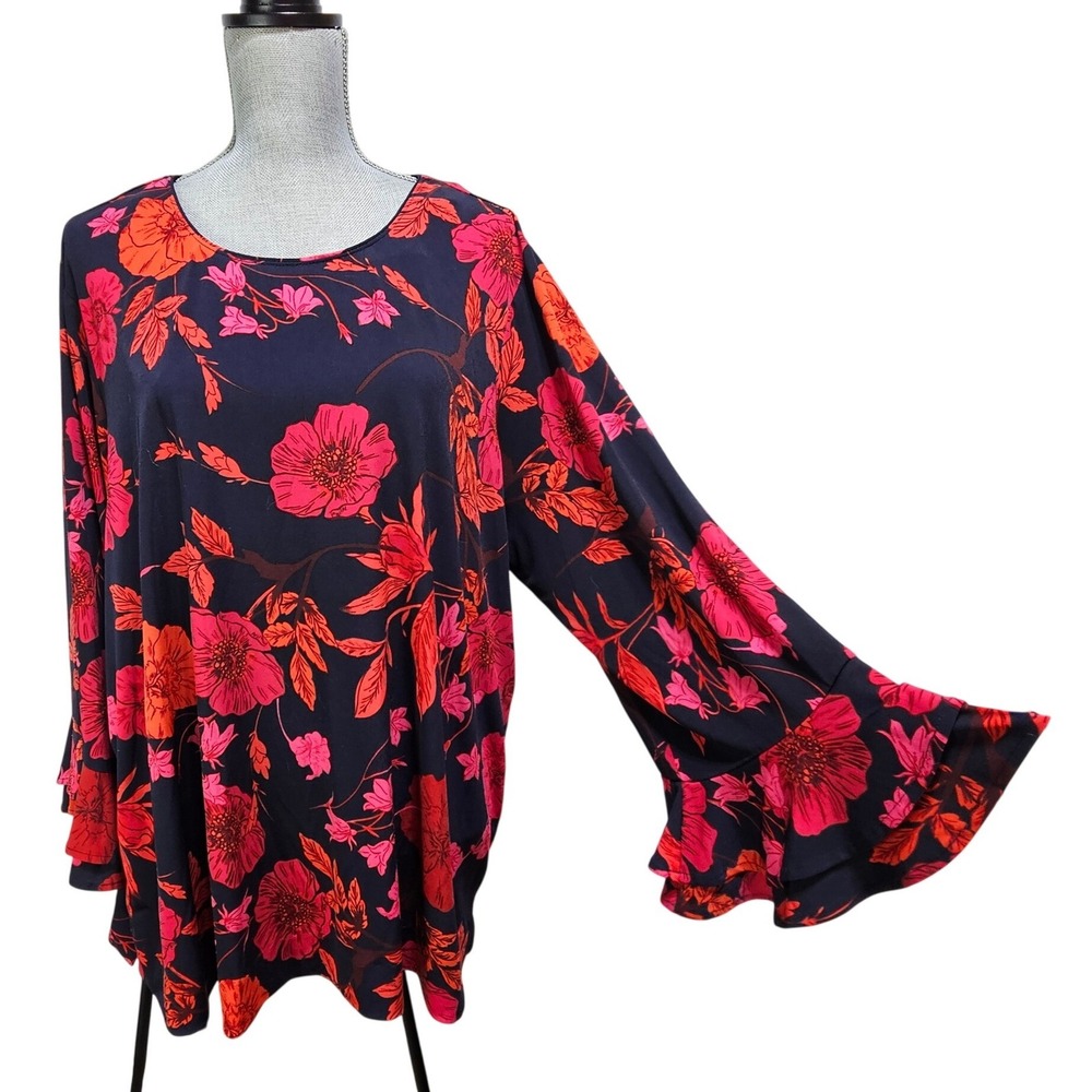 Karl Lagerfeld Paris Navy Red Floral Bell Sleeve Ruffle Tunic Top 2X Boho Chic